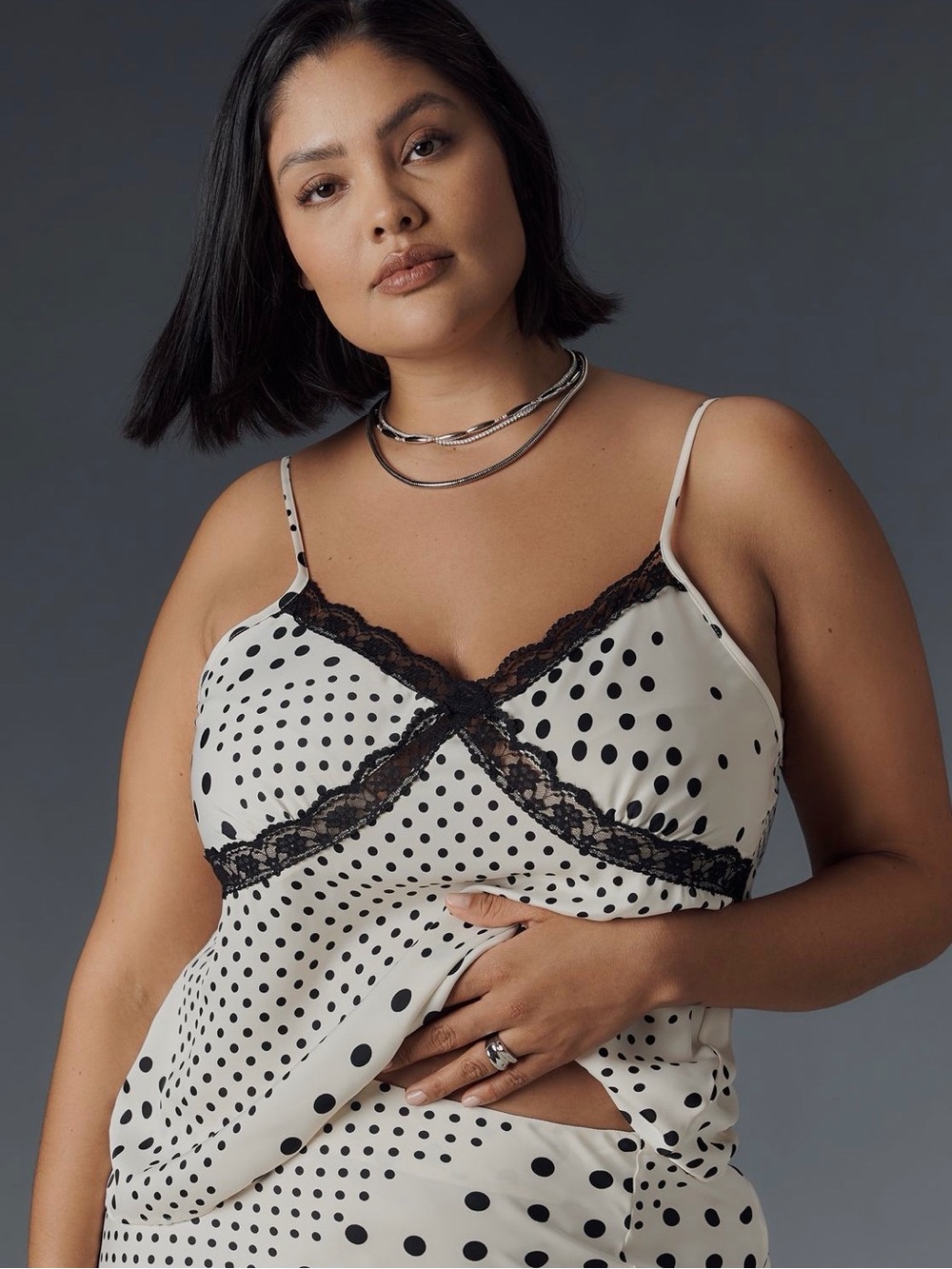 ANTHROPOLOGIE silky camisole white with black polka dots size XL